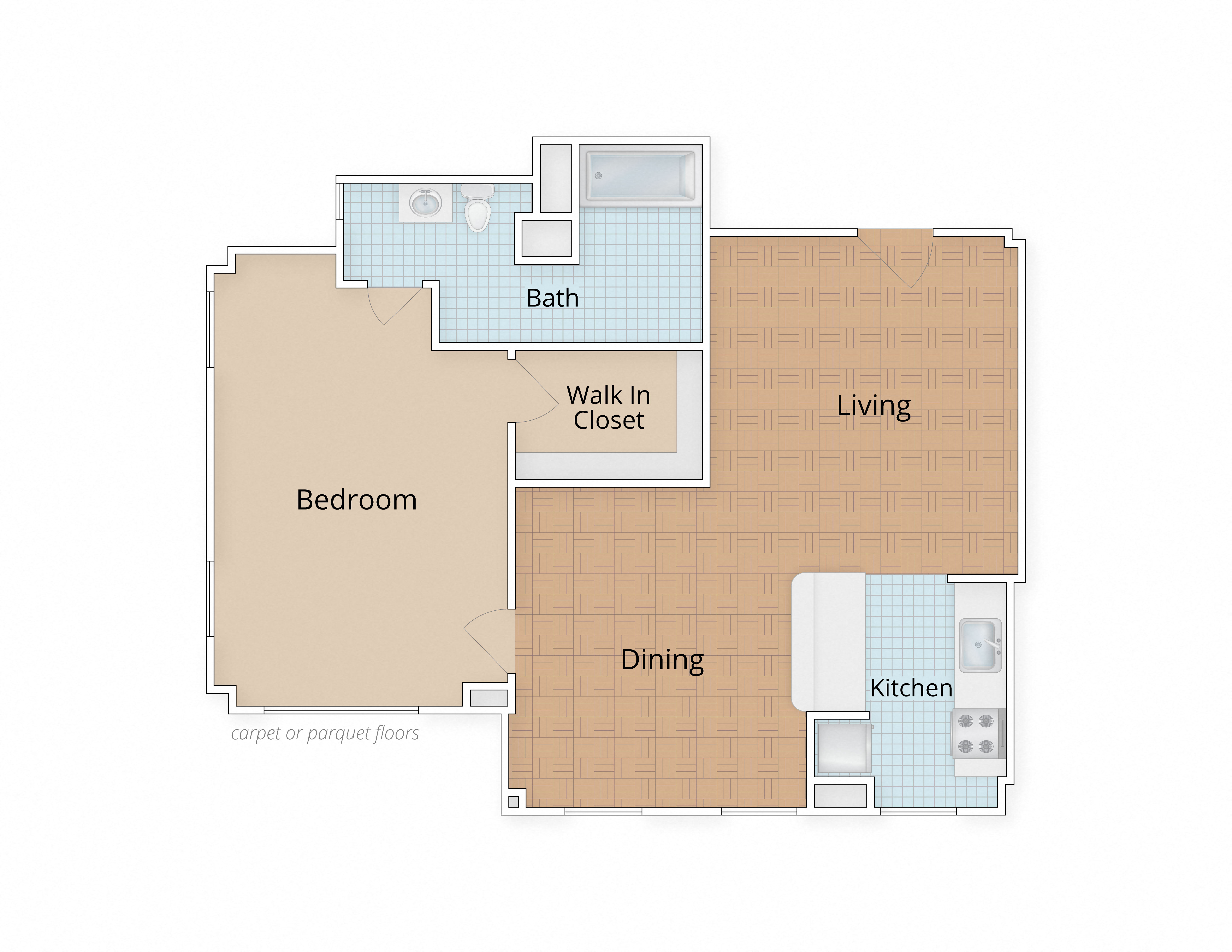 Floor plan for 1 bed, 1 bath, 762 sqft